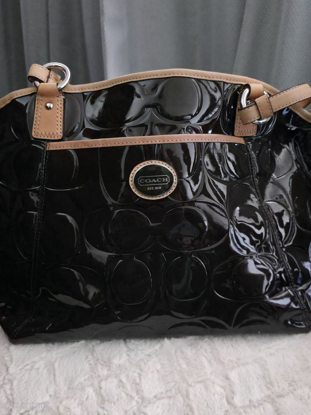 Coach Black Patent Leather Shoulder Bag with Tan Trim